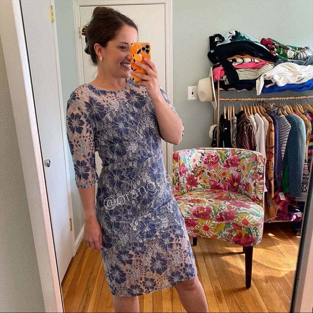 NWT VONE Antropologie Blue White Floral Lace Mini Dress Small - Picture 5 of 14